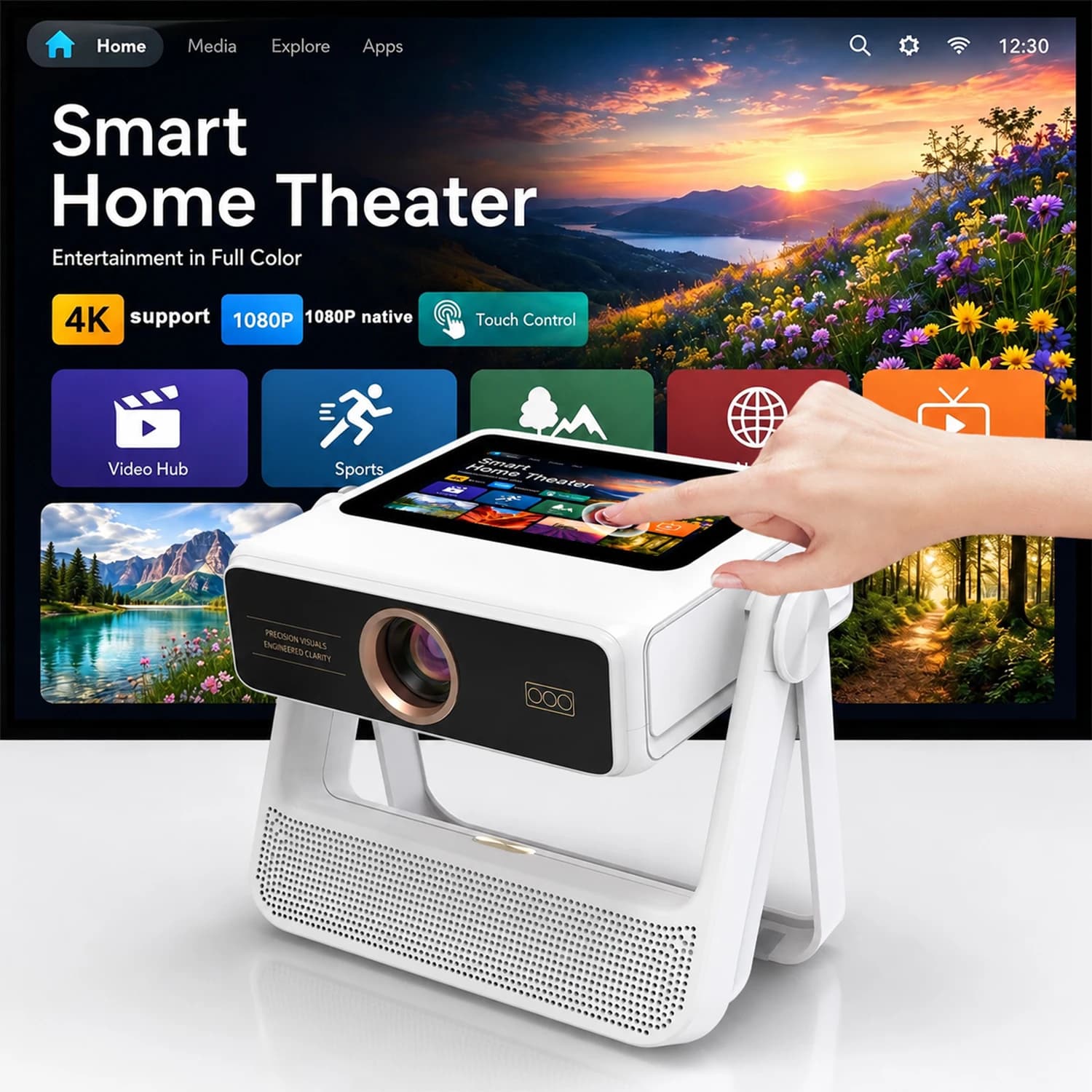 Native 1080P 4K Projector 7" Touch Screen Auto Focus 180° Rotation Ceiling View HDMI USB BT5.0 WiFi