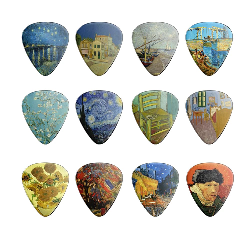 Set di 12 Plettri per Chitarra a Tema Van Gogh, per Basso e Ukulele, Accessori per Strumenti Musicali, Design a Scaglie di Metallo con Motivi di Pittura a Olio
