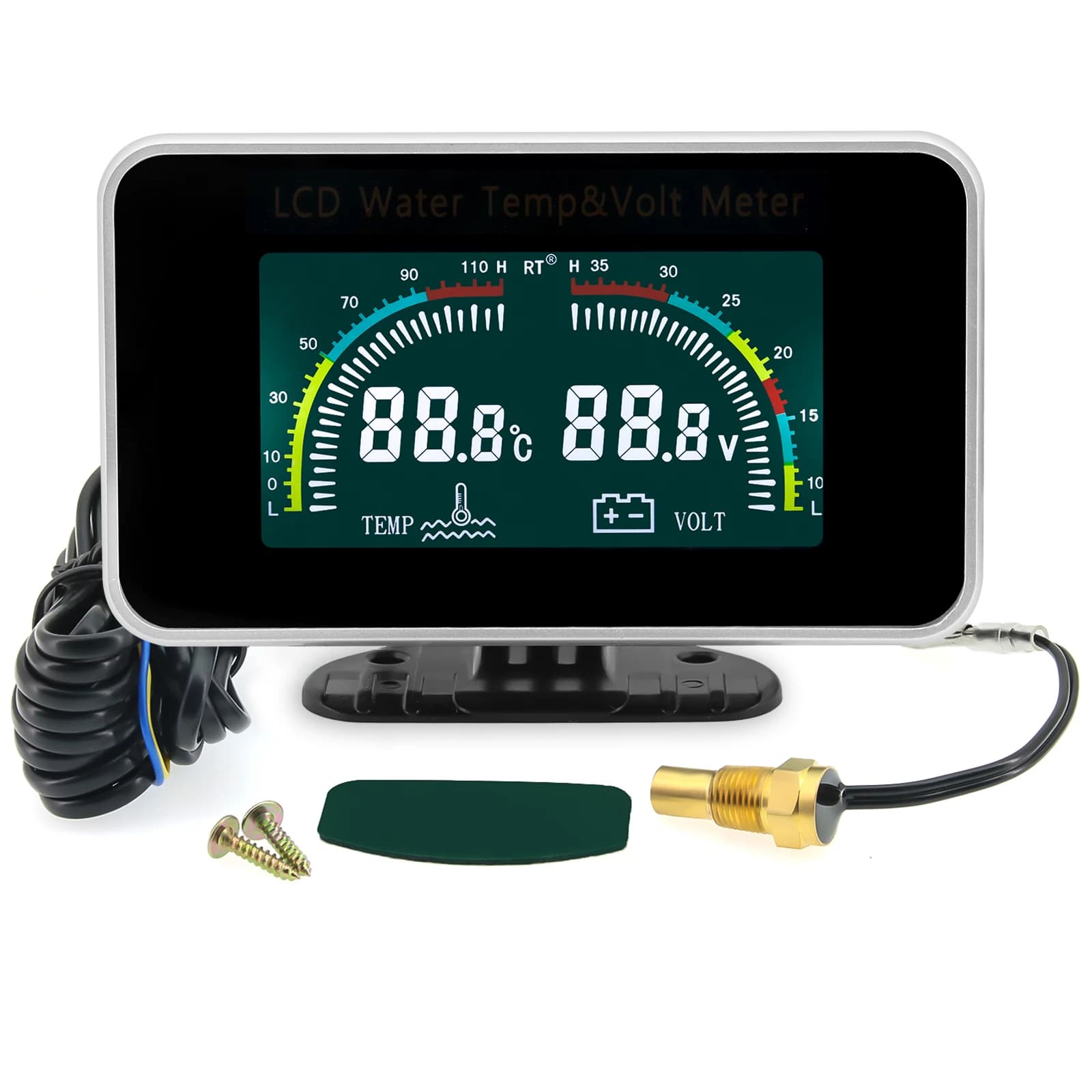 12V/24V 2 IN 1 Car LCD Gauge Water Temperature Meter Thermometer Voltmeter Gauges +10mm Temp Sensor 26~40mm Adapter(Optional)