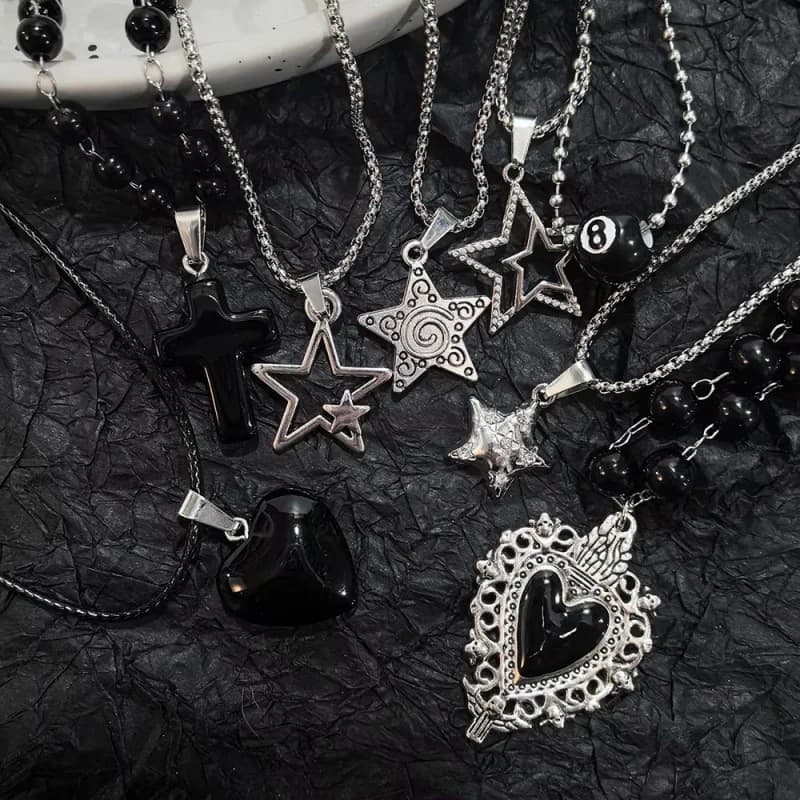 8Pcs Gothic Layered Necklace Set Black Heart shaped Star Cross Pendant Black Bead Chain Wax Rope Stackable Jewelry