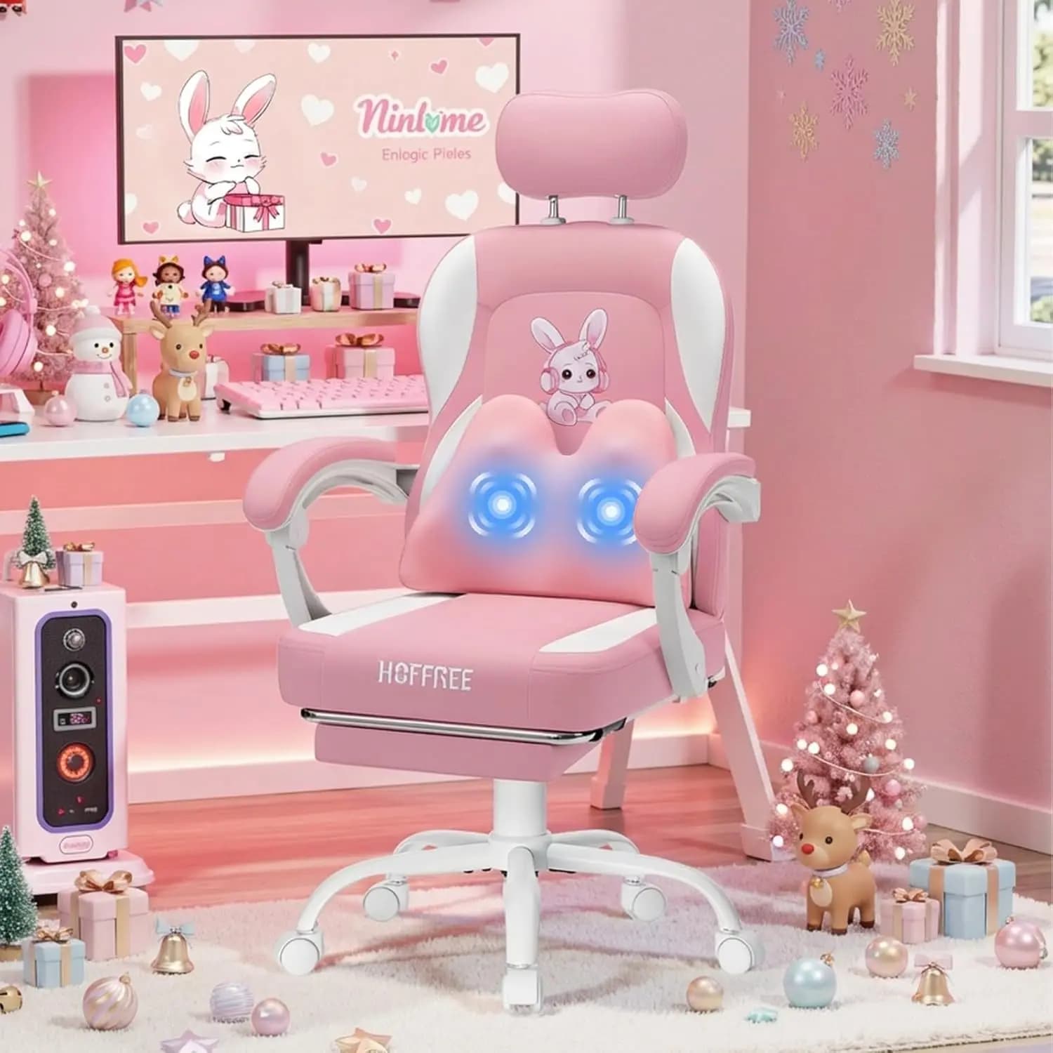 Sedia da Gaming per Bambine con Simpatico Cuscino Lombare a Forma di Coniglio, Sedia da Ufficio Rosa per Bambini, Personalizzabile