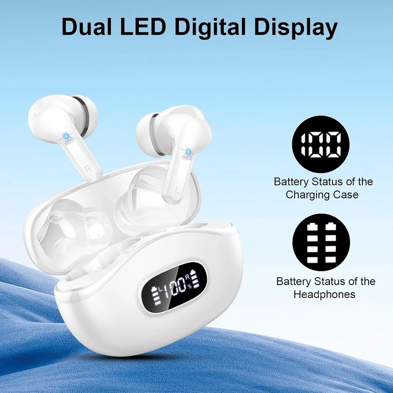 Auricolari Wireless, Cuffie Bluetooth 5.3 HiFi Stereo con Microfono ENC, Custodia con Display LED Doppio da 40H, Impermeabili IPX7