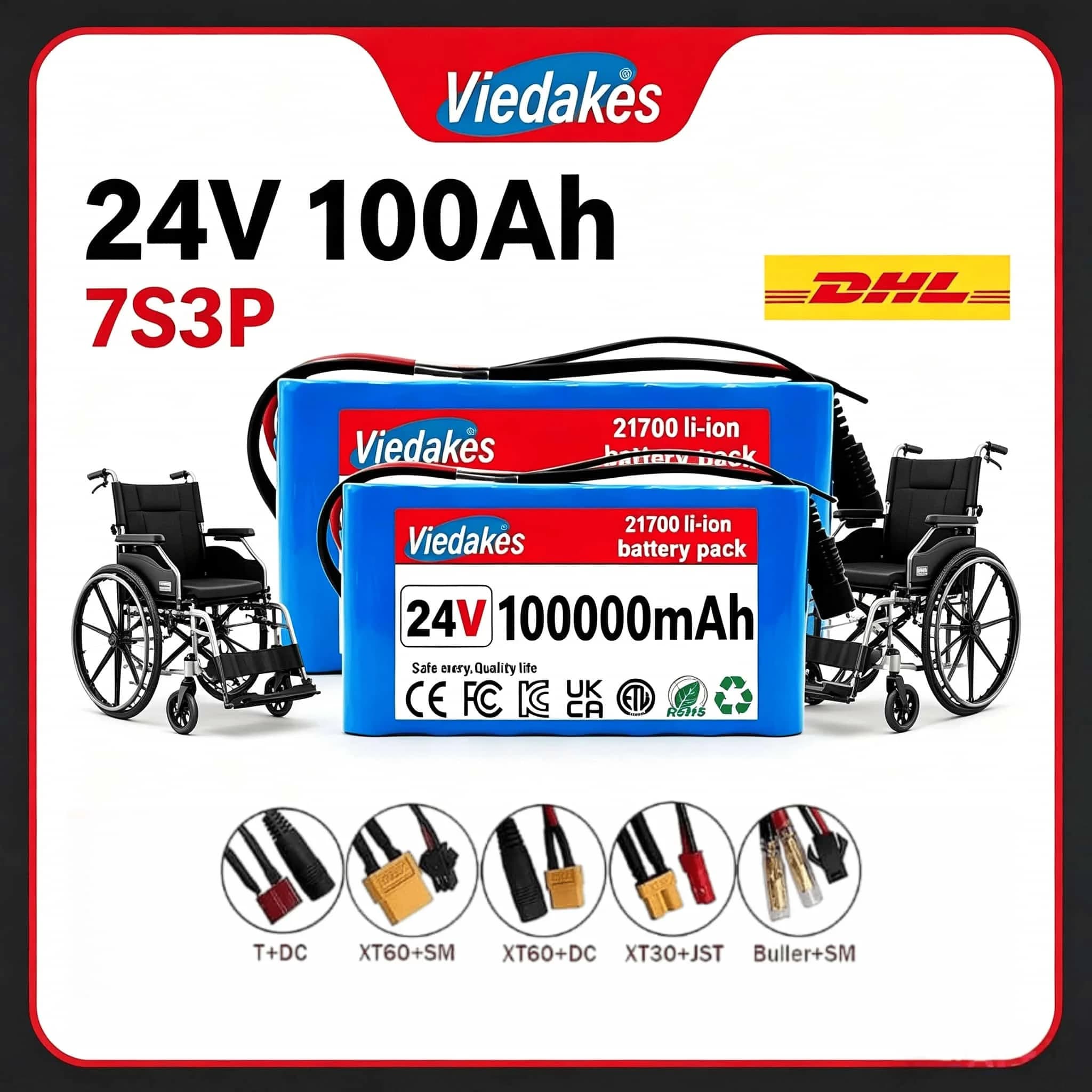 🔥21700 24V 40Ah Lithium Battery Built-in BMS, Free 29.4V Charger for Solar Power & Electric Wheelchair