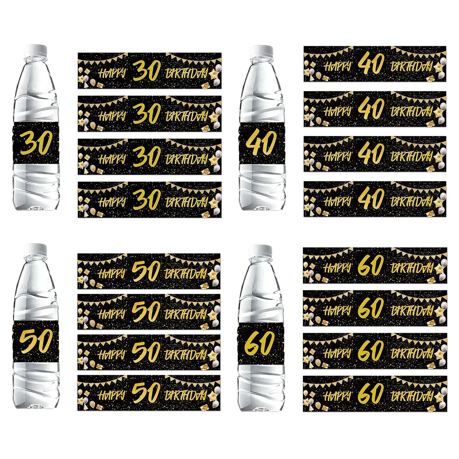 48-Pack Birthday Water Bottle Stickers, Happy Birthday Labels, Practical & Decorative for 30 40 50 60 Years Old Birthday Party