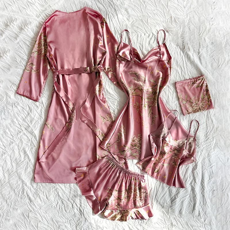 Pigiama da donna in cinque pezzi Set elegante per la casa Camicia da notte quattro stagioni Pantaloncini con bretelle Gonna con motivo stampato Semplice e di classe