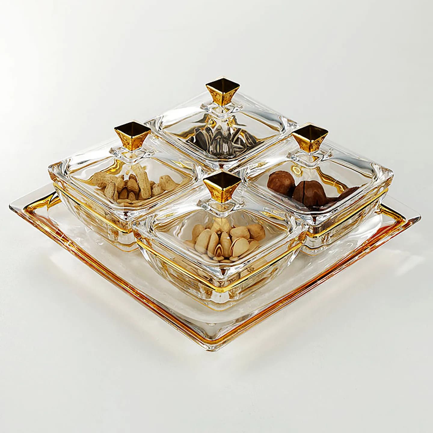 Vassoio per frutta secca in vetro cristallo con finiture oro, stile lusso leggero, vassoio per dolci e snack da salotto, vassoio quadrato per frutta.