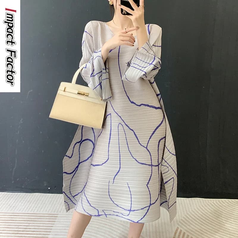 Abito a pendolo stampato a pieghe Miyake 2025 Primavera ed estate Nuova gonna ampia che copre la carne alla moda Abito medio e lungo