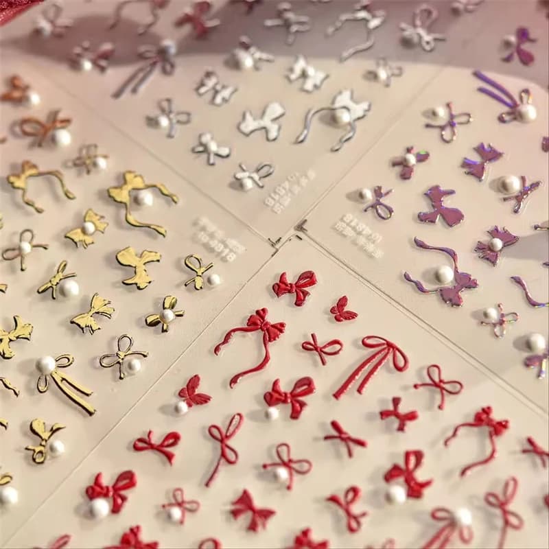 Linea semplice Bowknot Rosso Oro Argento Laser Rosa Stampa a caldo Adesivi per nail art autoadesivi 3D Decalcomanie per manicure con strass perlati