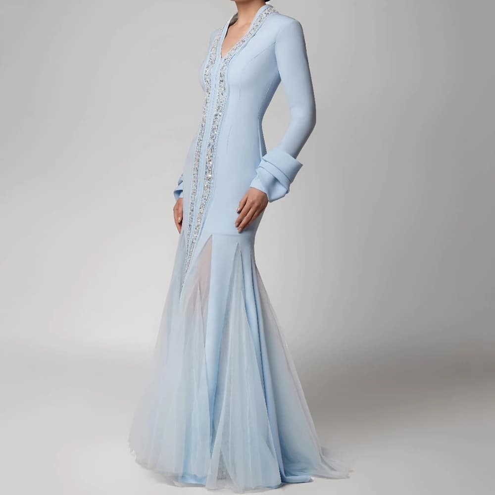 Abiti da sera a trapezio personalizzati Abito da ballo a maniche lunghe con scollo a V lungo fino al pavimento Abito da festa semplice drappeggiato con paillettes e perline