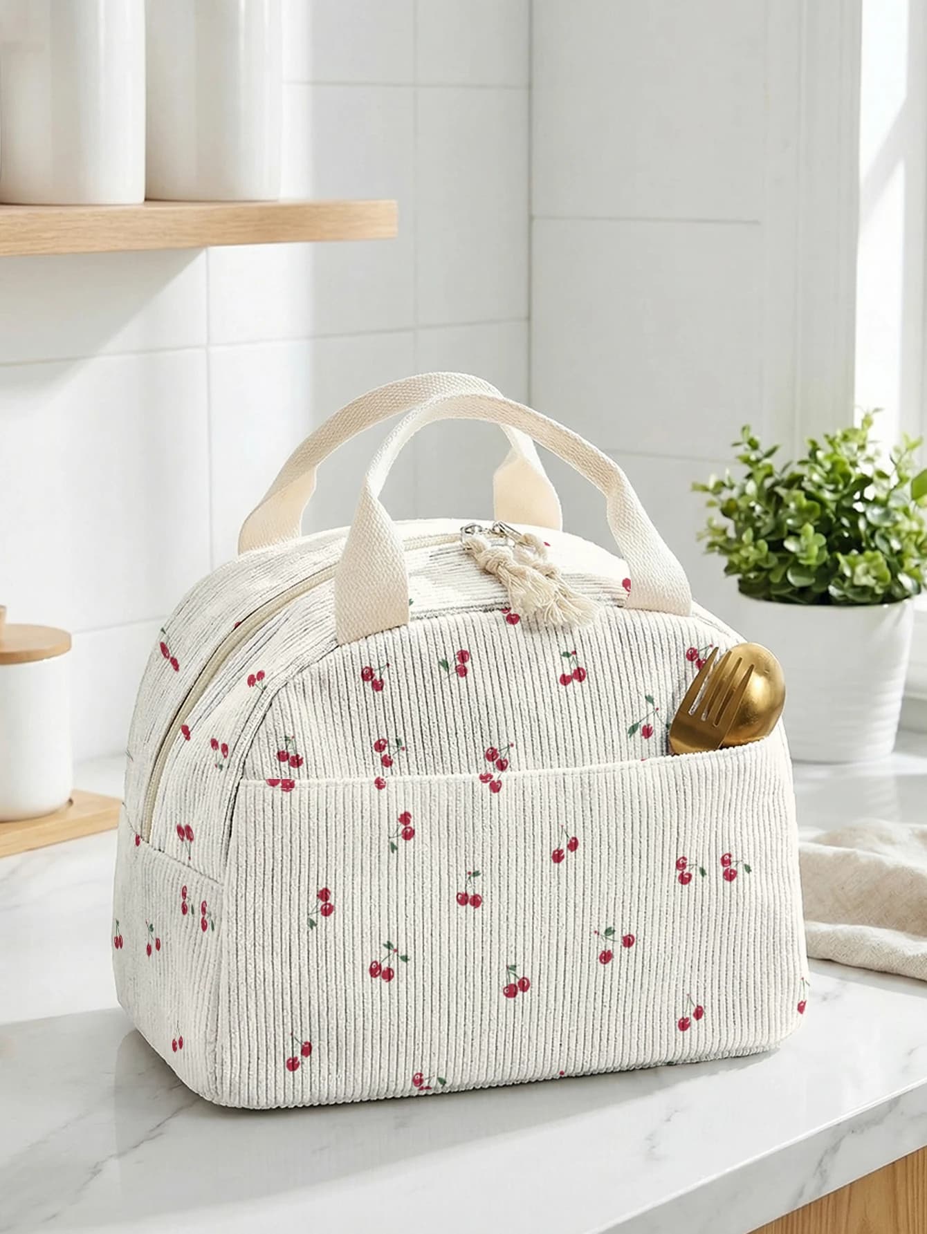 Small Cherry Pattern Insulated Lunch Bag Corduroy Portable Hand Food Storage Tote For School Outdoor Travel
