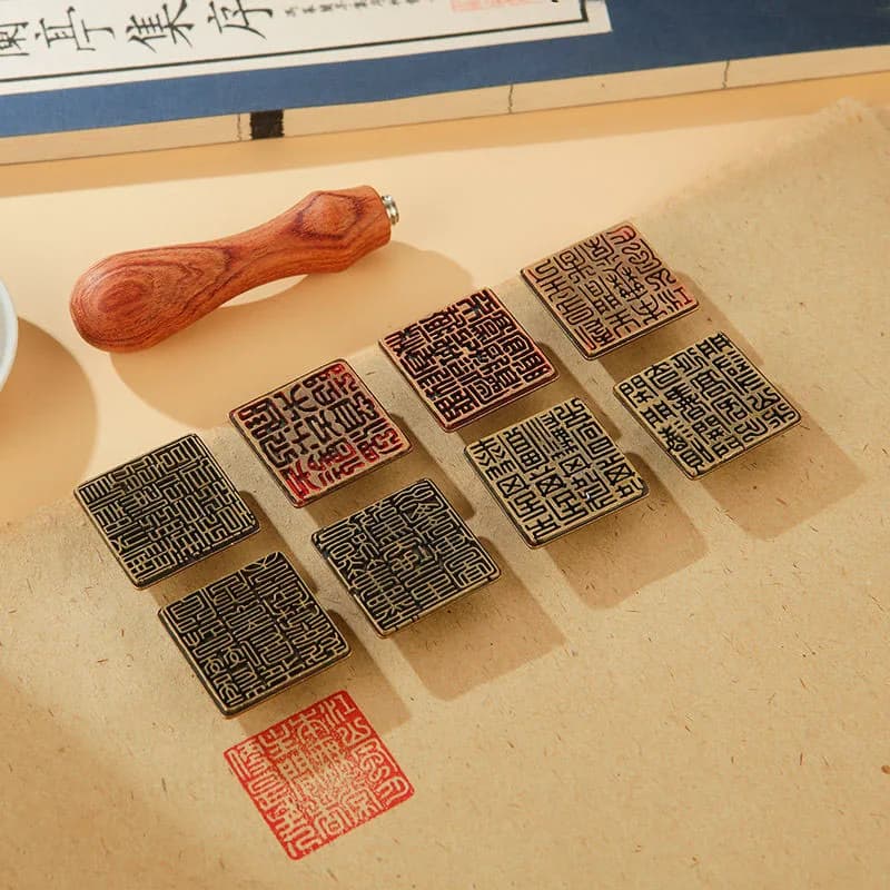 8-in-1 Chinese Calligraphy Seal Stamp Set, 3cm Square Poetry Wooden Chop for Painting & Hard Pen Calligraphy
