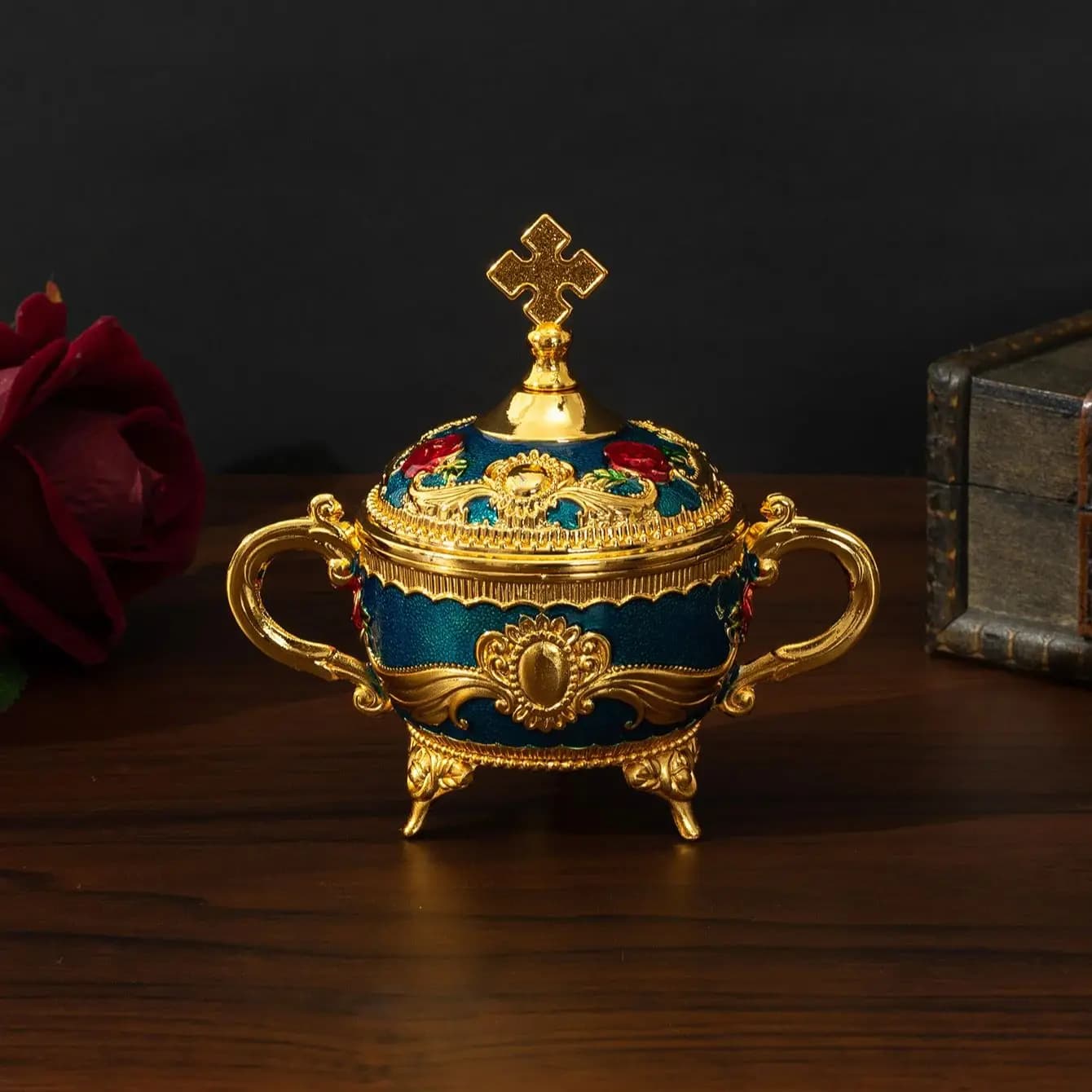 Vaso di immagazzinaggio della scatola di caramelle della rosa della croce europea scatola di frutta secca di lusso della famiglia del metallo di fascia alta