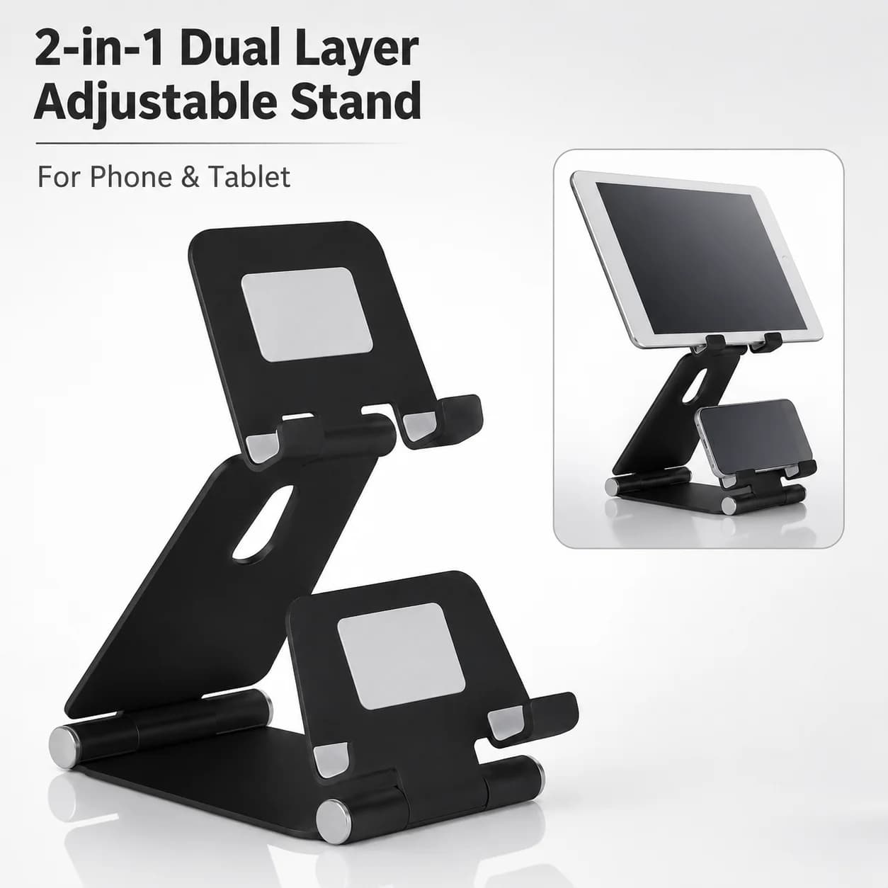 Adjustable 2 in 1 Tablet Phone Stand, Aluminum Foldable Holder for iPad iPhone Samsung, Desktop for Office Home Travel