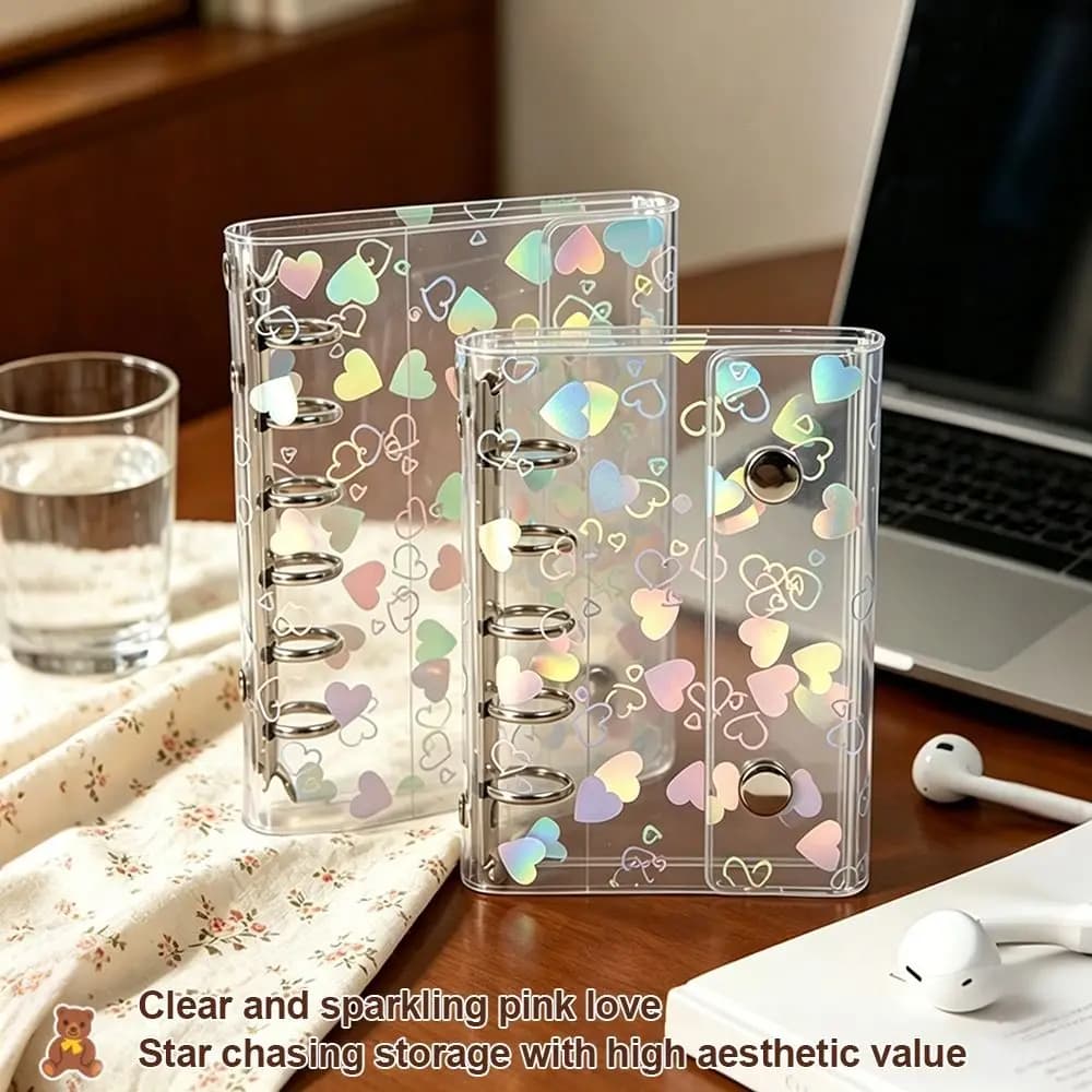 Copertina per raccoglitore in PVC con motivi a cuore laser e doppia chiusura a scatto, ricaricabile, per quaderni a fogli mobili e planner A5/A6/A7/M5