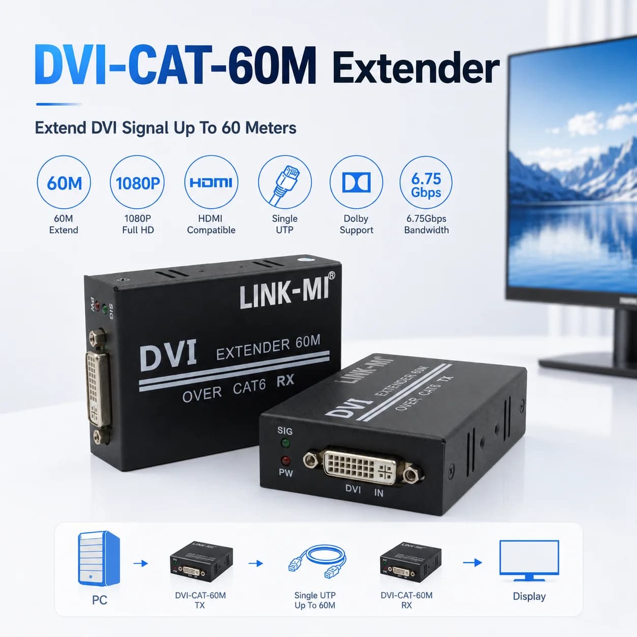 Extender DVI 60m su singolo cavo UTP LAN CAT6, supporta segnale HDMI 1080P, Extender video DVI-CAT 1080P