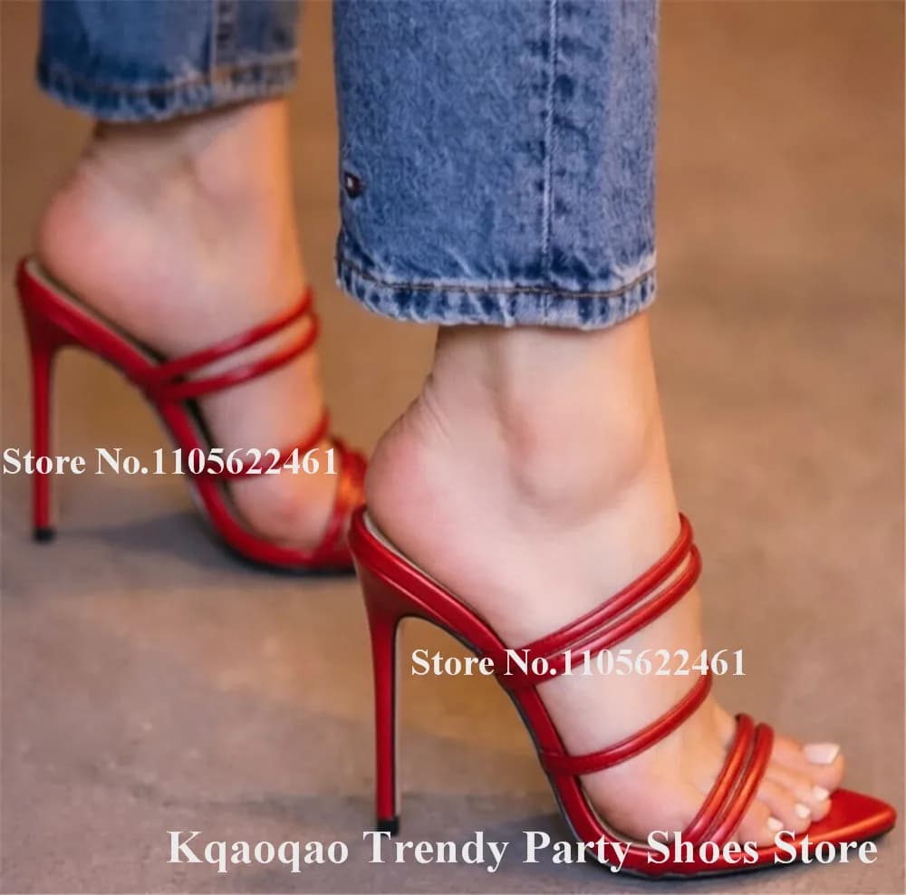 Kqaoqao Sexy Narrow Straps Stiletto Heel Slippers Pointed Open Toe Red Green Blue Gold Silver Leather Slip-on Thin Heel Sandals