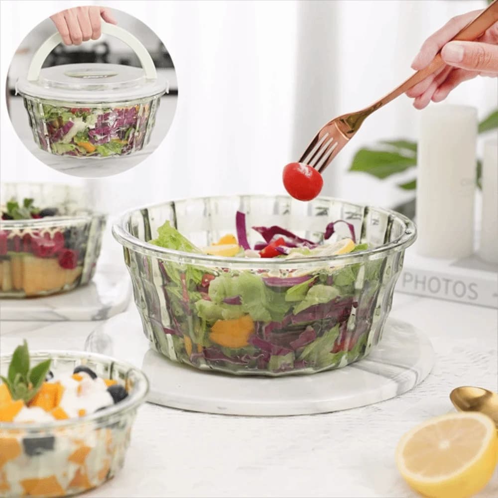 Set di 3 Contenitori per Alimenti con Motivo a Righe, Trasparenti con Manico Pieghevole, Rotondi/Quadrati in Plastica per Alimenti