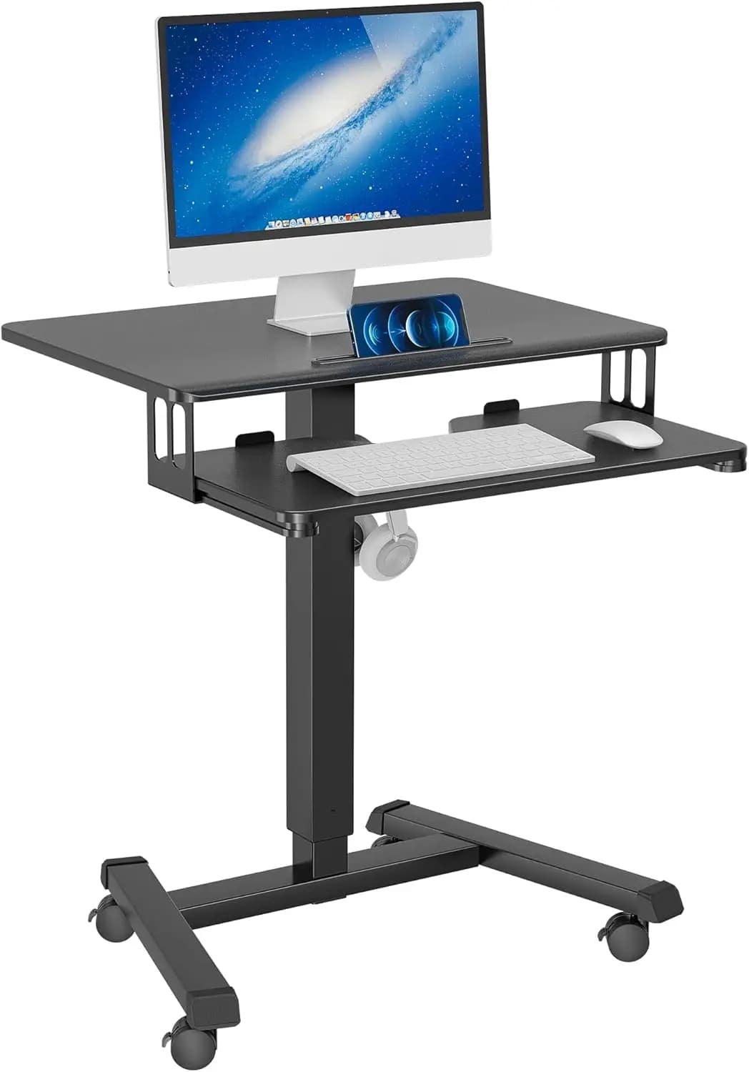 Scrivania Mobile Regolabile in Altezza con Vassoio per Tastiera, Carrello per Laptop su Ruote per Ufficio e Casa