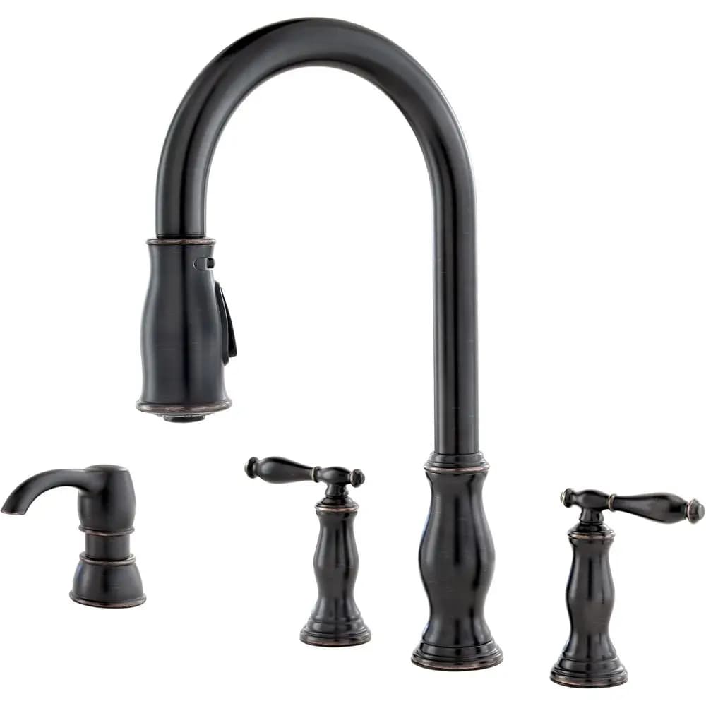 Rubinetto da cucina Hanover con spruzzatore estraibile e dispenser di sapone, 2 maniglie, 4 fori, arco alto, finitura bronzo toscano, F5314HNY