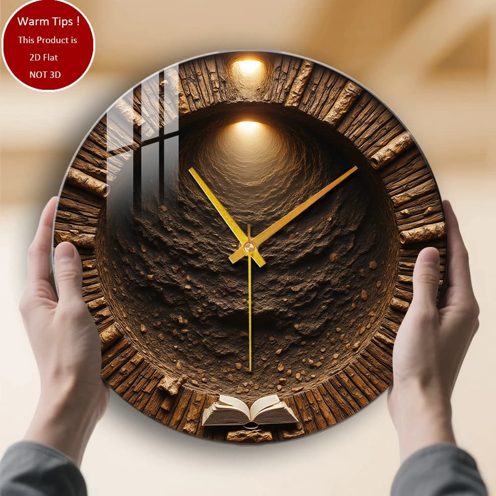 Orologio da parete in vetro temperato con tunnel a spirale in senso orario, libro aperto illuminato, adatto per decorazioni murali o display da tavolo ovunque