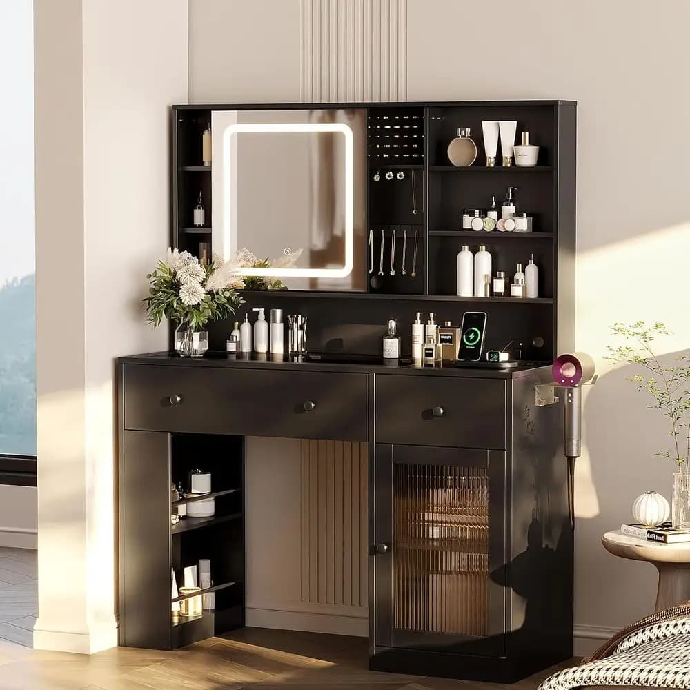 Tavolo da Trucco con Piano in Vetro, Specchio Scorrevole, Illuminazione Integrata, Vano Portaoggetti e Supporto per Asciugacapelli, 43 Pollici, Nero