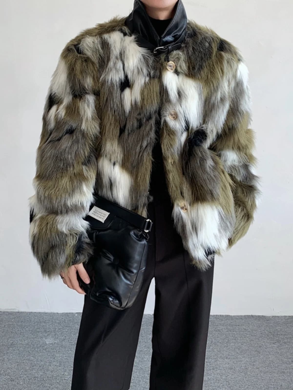 Men's Short Fur Coat Retro Fashion Warm Plush Eco-friendly Leather Jacket Green Mixed Color Street Style Winter Outerwear