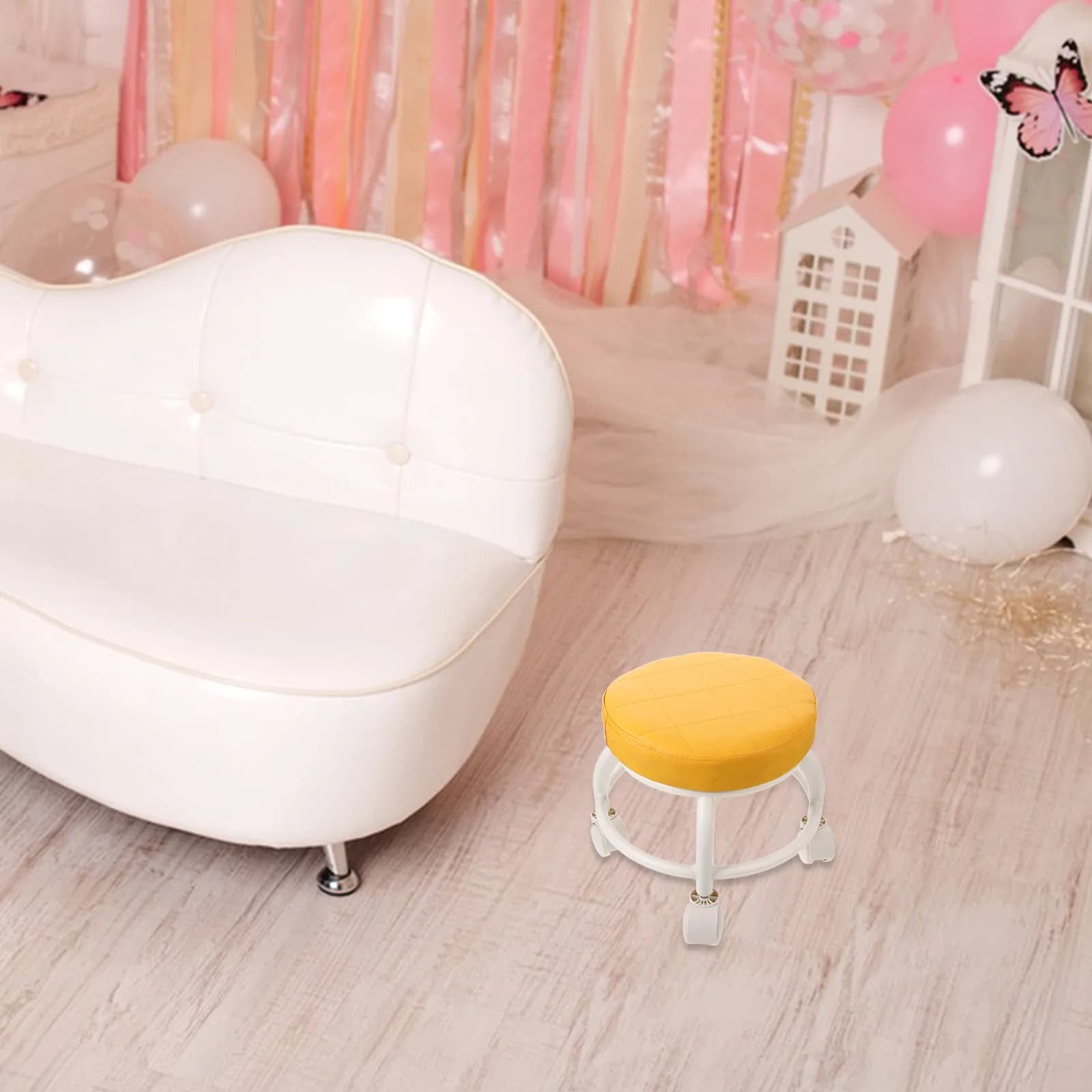 Sgabello Basso Arancione Brillante con Rotelle, Sedia Ergonomica per Pedicure, Poggiapiedi per Salone, Massaggi, Spa, Garage, Trucco e Unghie