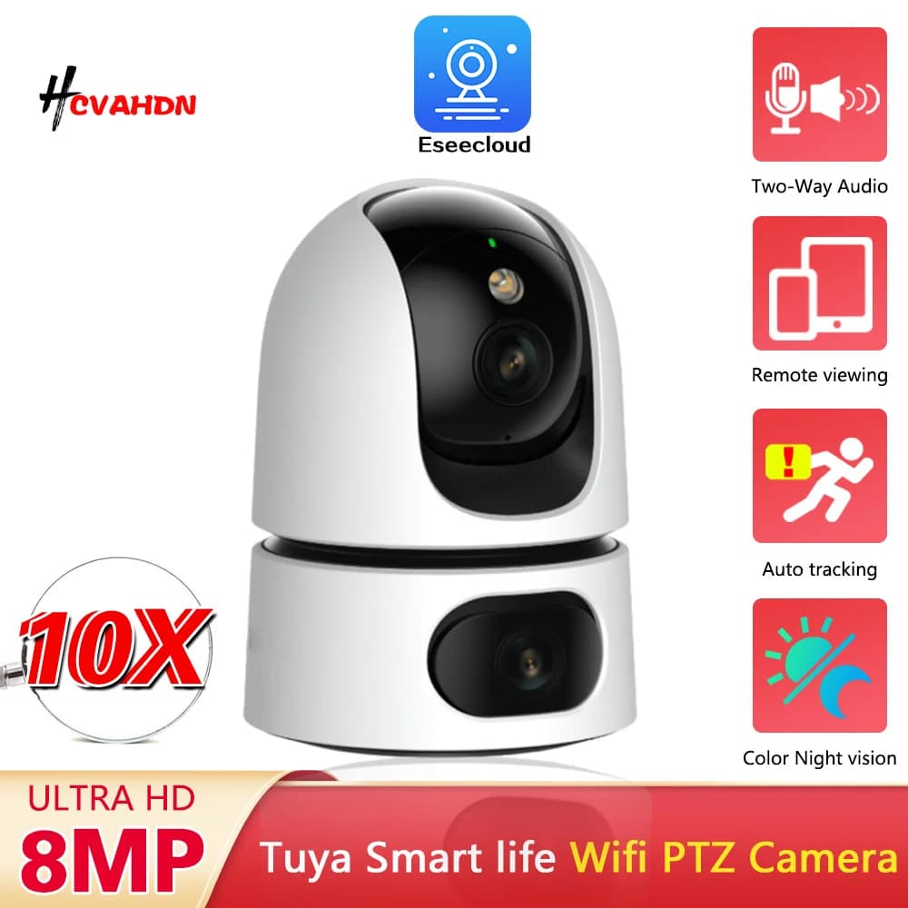 4K Dual Lens Wifi PTZ Security Camera 10X Zoom Indoor Home CCTV Video Surveillance Camera Auto Tracking Baby Monitor Cam 8MP