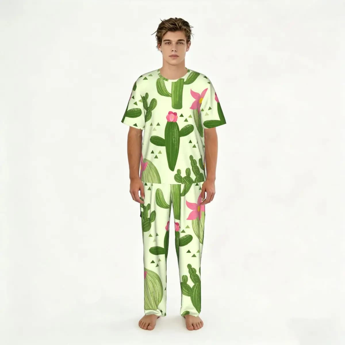 Abbigliamento da Notte Estivo Primaverile, Collezione Cactus, Pigiama con Maniche Corte e Pantaloni Lunghi