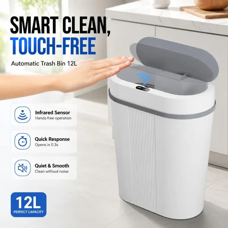 Smart Motion Sensor Waste Bin Touchless Auto Flip Lid Design Slim Space-saving Storage Bin Ideal for Living Room Bathroom
