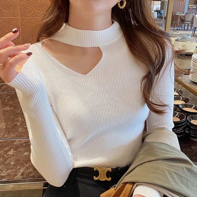 Maglione Bianco a Collo Alto per Donna, Nuovo Pullover a Maniche Lunghe con Lavorazione Traforata, Top da Donna, Abbigliamento Femminile Q3281