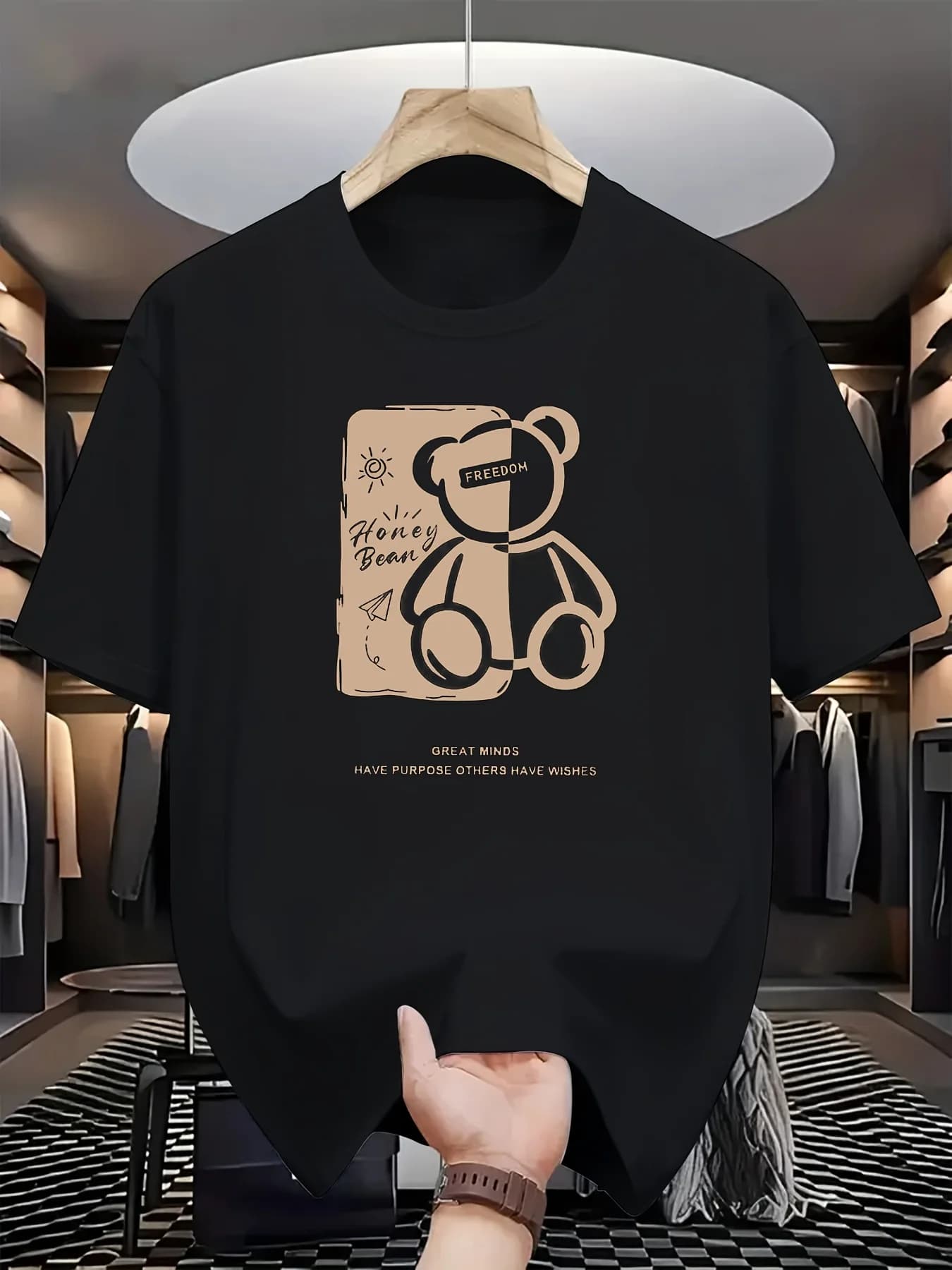 Men's casual crew neck T-shirt, polyester knitted fabric, regular version, short sleeves, printed with bear print, suitable for summer wear
