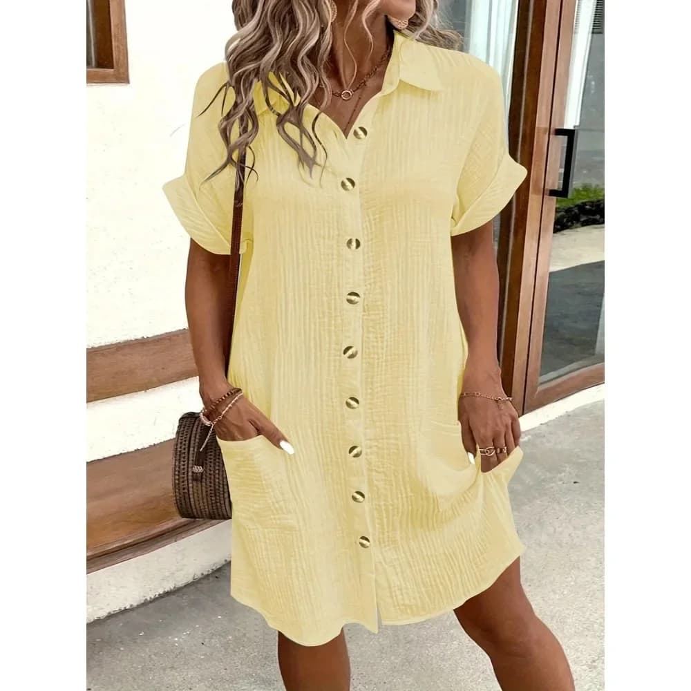 Taglie forti 1XL-5XL Primavera e autunno Gonna abito con bottoni risvolto semplice estivo caldo europeo e americano