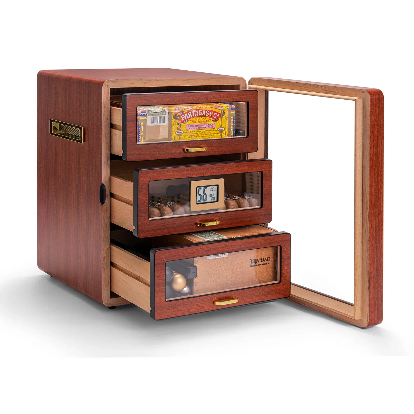 Nuovo display multifunzione con vassoi a 3 cassetti Igrometro digitale e umidificatore Armadietto per umidificatore con scatola per sigari in legno