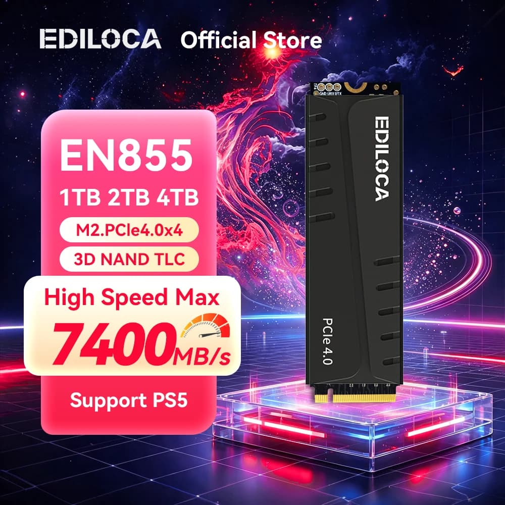 Ediloca EN855 SSD SLC Cache & DRAM with Heatsink 7400MB/s PCIe Gen4.0 NVMe M.2 SSD Internal Solid State Drive for PS5 & PC