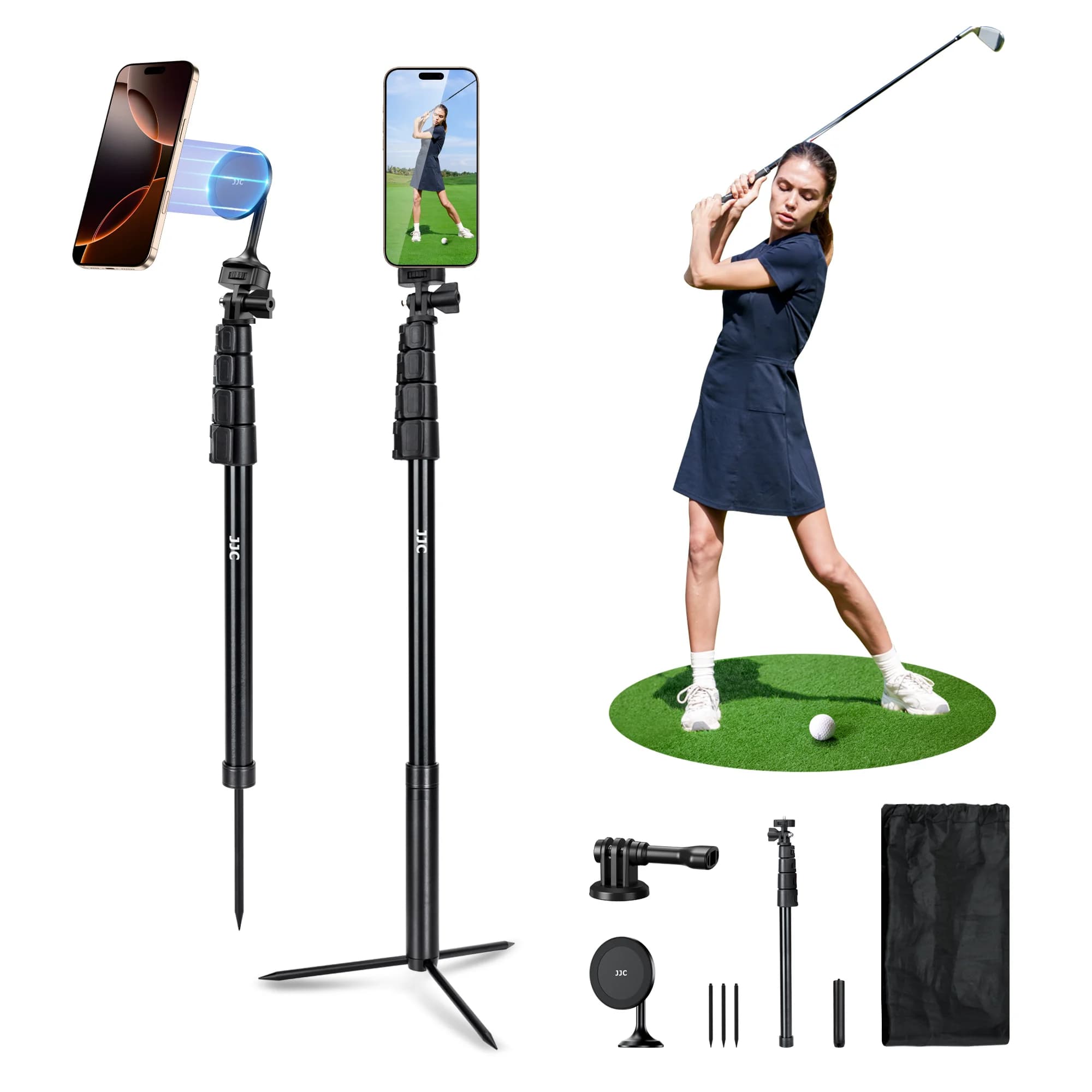 Bastone selfie monopiede da golf con picchetti a terra Supporto treppiede magnetico per aiuto per l'allenamento del golf Registrazione dell'oscillazione per iPhone Osmo 360