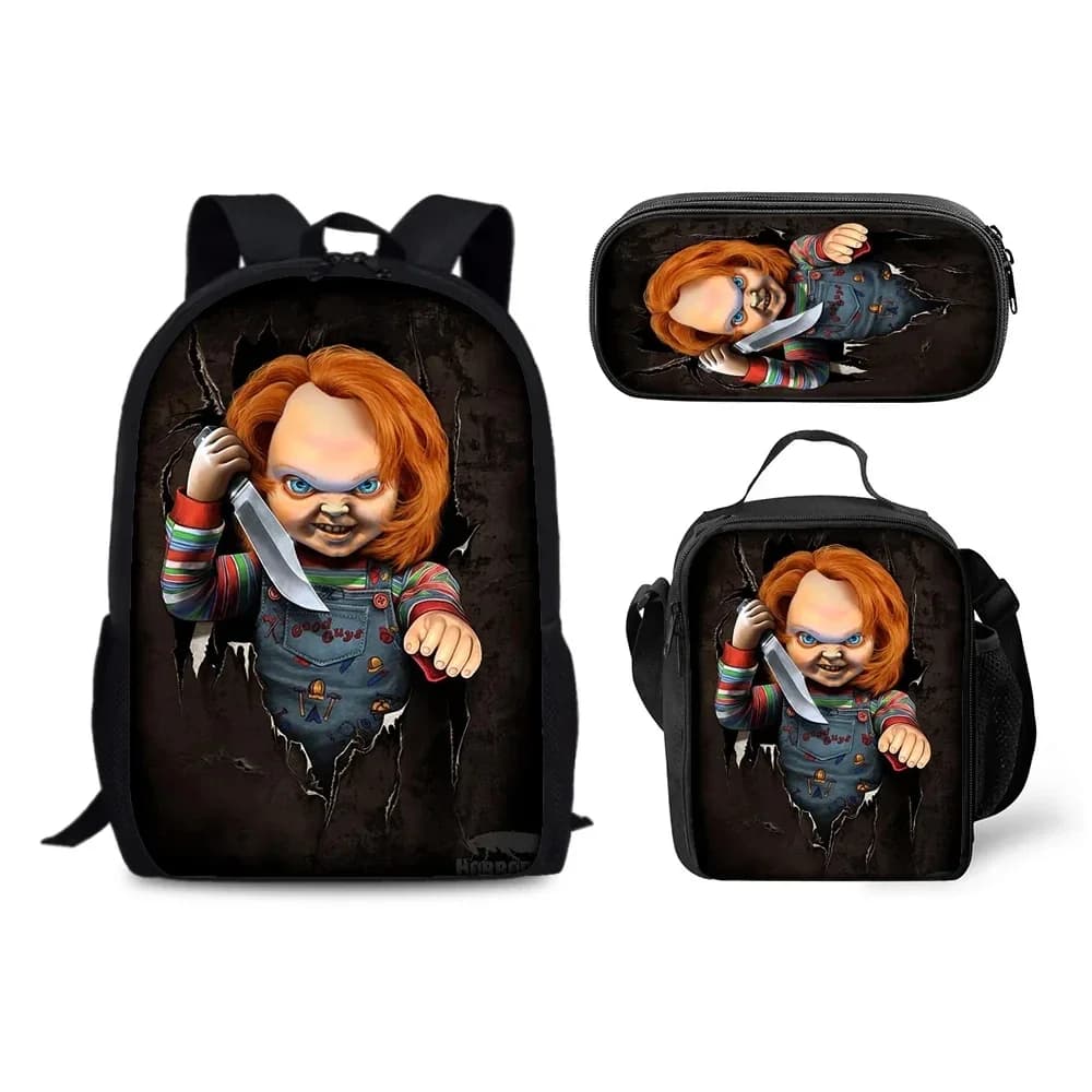 Horror Chucky Schoolbag Backpack Lunch Bag Pencil Case Set Gift for Kids Students