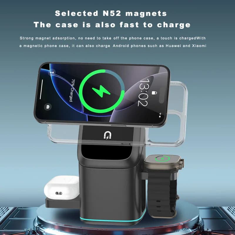Stazione di ricarica wireless rotante 3 in 1, supporto magnetico per telefono, iWatch e auricolari wireless, base di ricarica regolabile