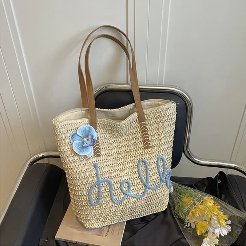 Ins Large Capacity Straw Woven Bag Women's Summer Beach Vacation Beach Bag Commute Woven Tote City Simple Style Shoulder Bag
