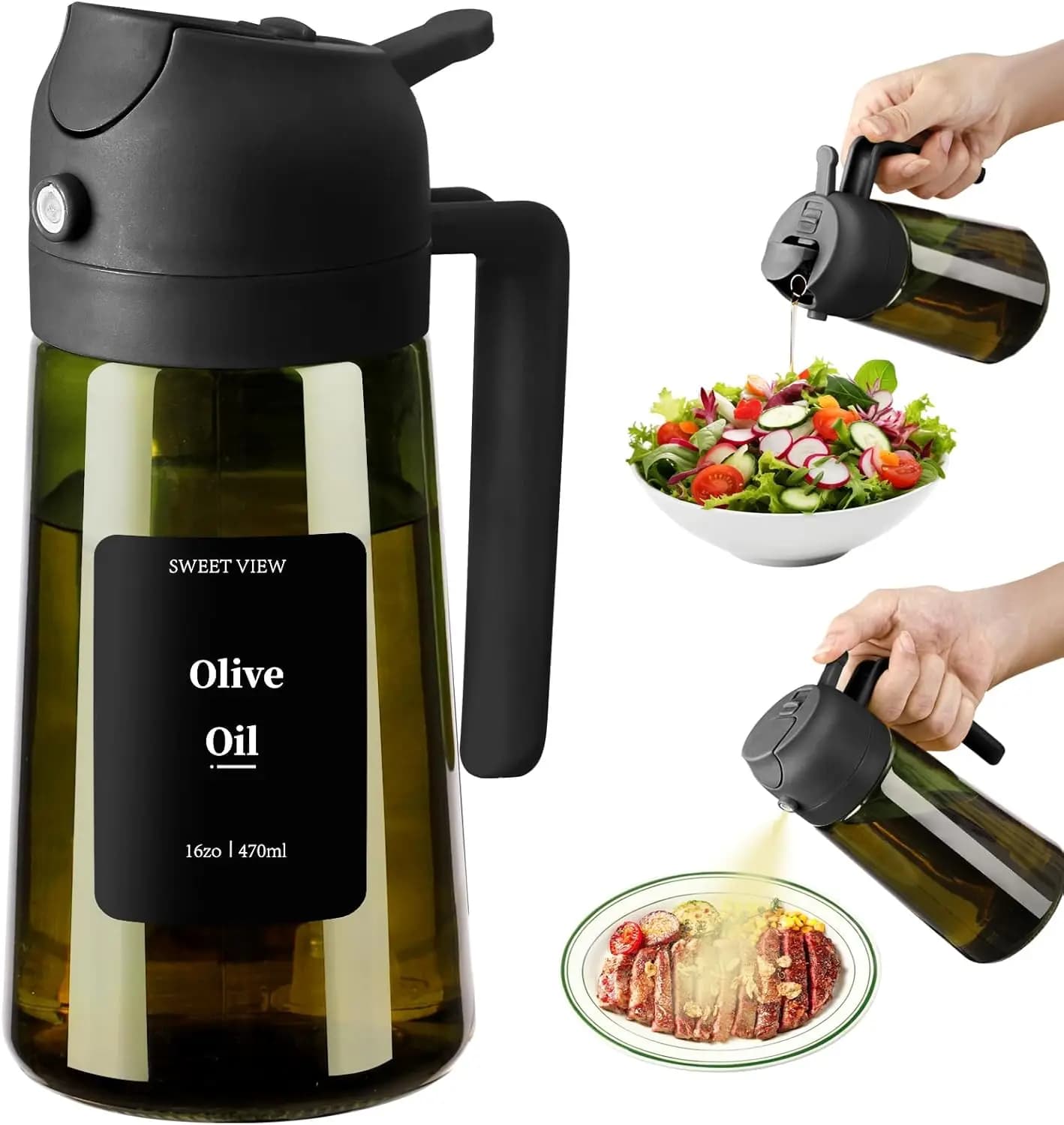 Spruzzatore e Dosatore 2-in-1 per Olio d'Oliva, Bottiglia in Vetro da 16oz con Adesivi per Friggitrice ad Aria, Insalata, Barbecue