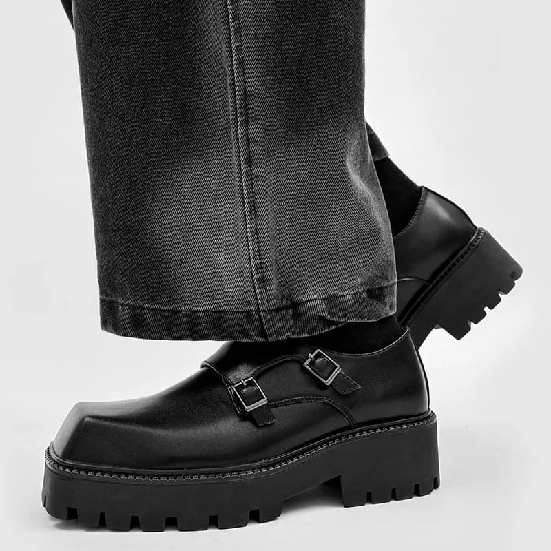 Luxury men's shoes for fashion, scenography and nightclub: black moccasins in real leather with platform, fashionable, square toe, men's sneakers