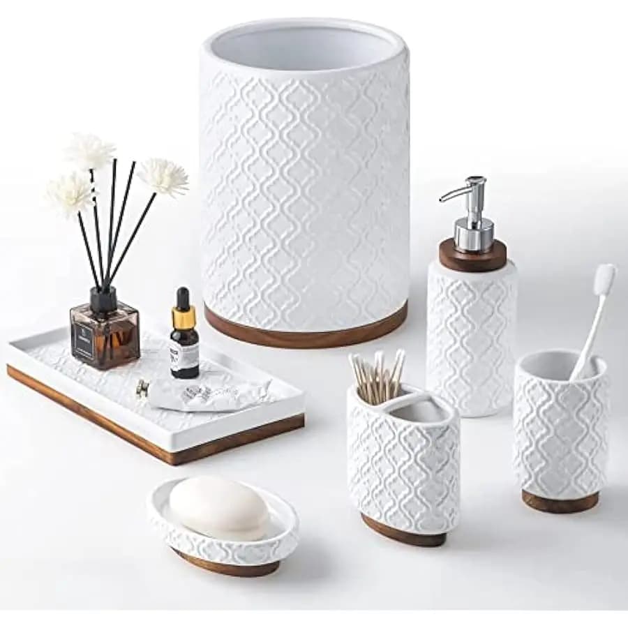 RQYIXI Elegant 6 PCS Ceramic&Wood Bathroom Accessories Set:Soap Dispenser,Toothbrush Holder,Tumbler,Soap Dish,Tray,Trash Can,Eas