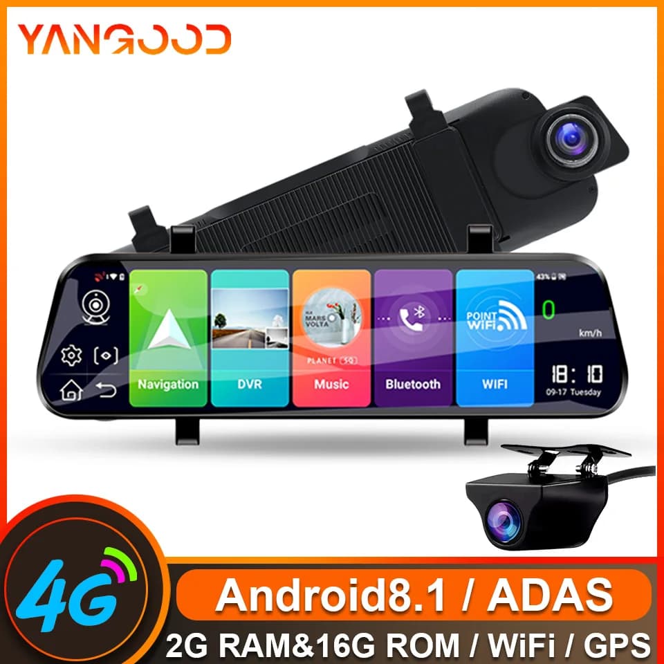 Yangoood Dashcam 1080P, DVR per Auto con Schermo da 10 Pollici, Streaming 4G Android, ADAS Opzionale, Specchietto Retrovisore con Registrazione 1080P