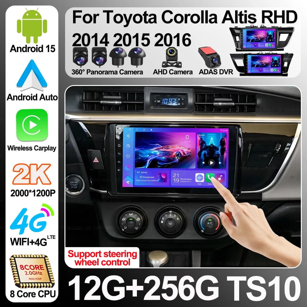 Autoradio Android 16 per Toyota Corolla Altis RHD 2014 2015 2016, Lettore Multimediale Video, Navigazione, Stereo, Carplay, Unità Principale 5G