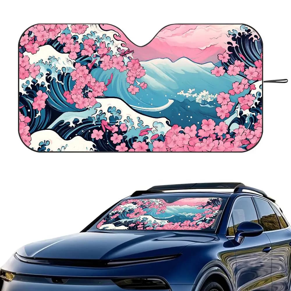 Parabrezza parasole per auto con fiori di ciliegio a onde blu, parasole isolante pieghevole a tre strati con ventosa, blocchi di raggi UV