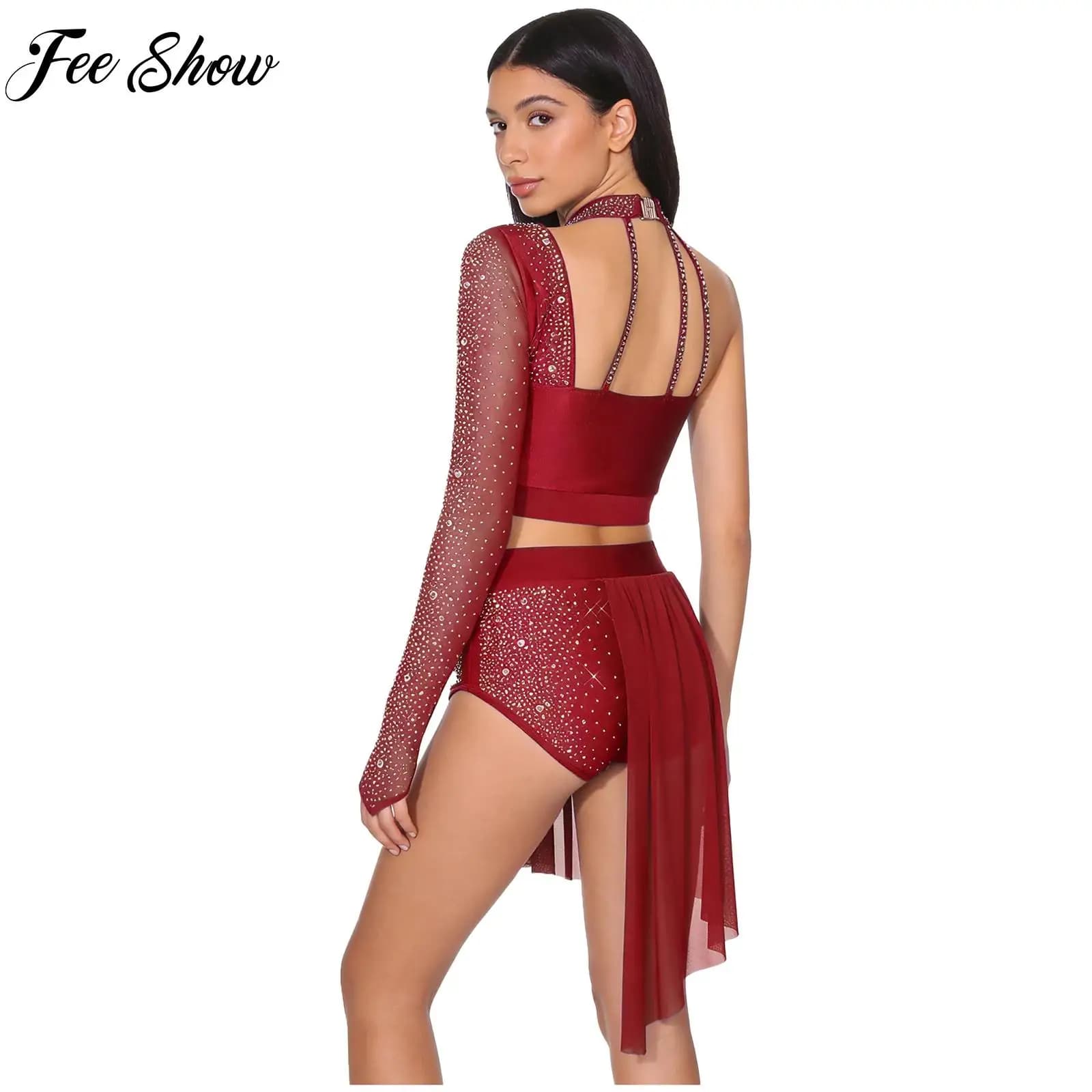 Completo da ballo per pattinaggio su ghiaccio da donna, monospalla, con strass, top corto, pantaloncini, completo per balletto, danza latina, ginnastica