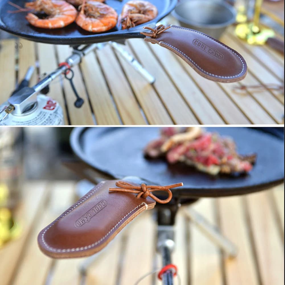 Cast Iron Frying Pan Handle Cover Practical Cast Iron Skillet Grip Sleeve Cowhide Heat-resistant Outdoor Camping Cooking Tool