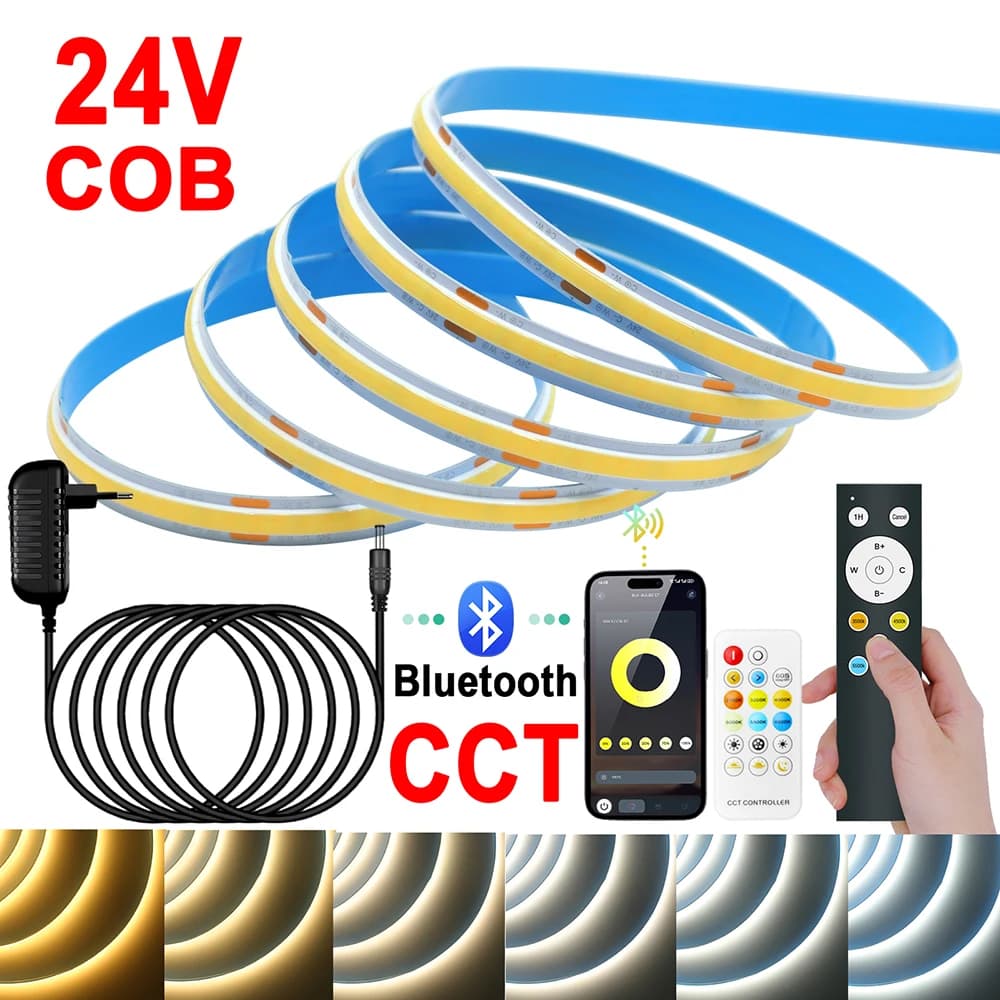 LED Strip Light Kit Smart Bluetooth RF CCT COB with remote control 17 keys 12 keys 576 LED/m Plug power EU/US/UK/AU DC 24V 2700K-6500K RA90
