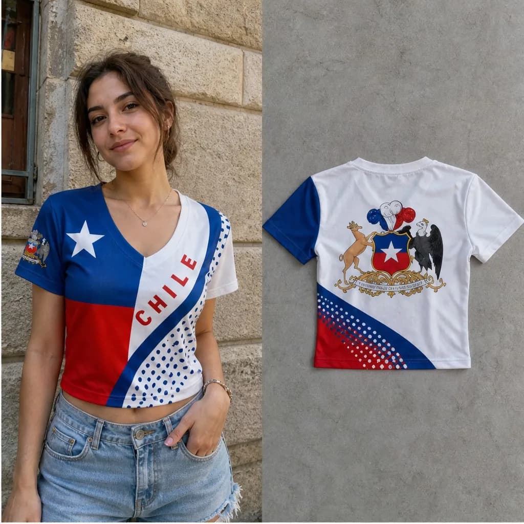 Women Chile V Neck Crop Top Star Shield Deer Eagle Print Short Sleeve Summer Casual Streetwear Fashion Tee for Daily Styling Fit