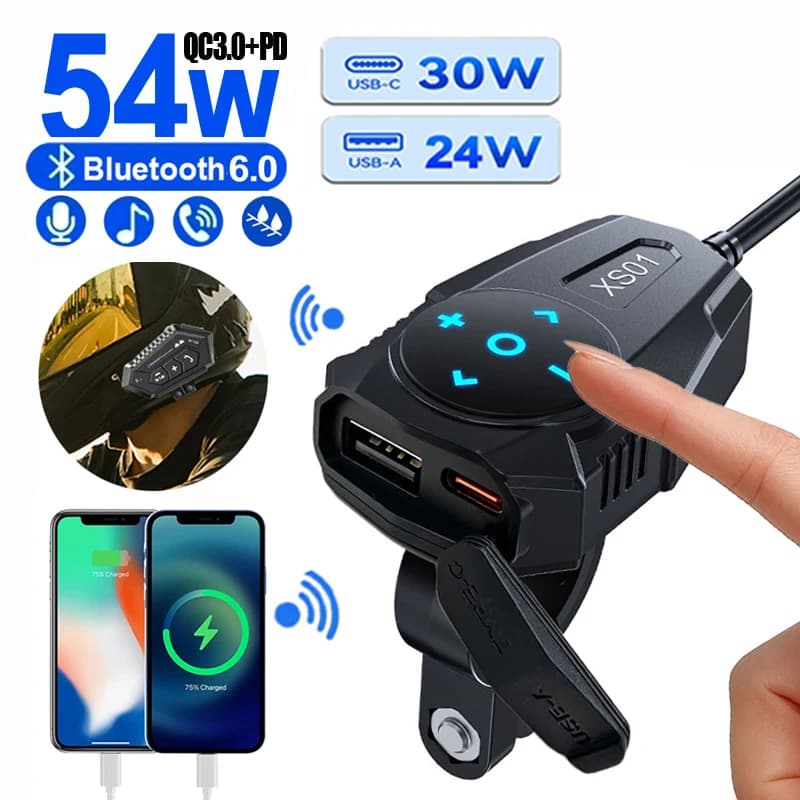 Caricabatterie per Moto PD QC3.0, Presa USB Tipo C per Manubrio, 12V Impermeabile, Auricolare Wireless per Casco, Controllo Remoto Hands-Free